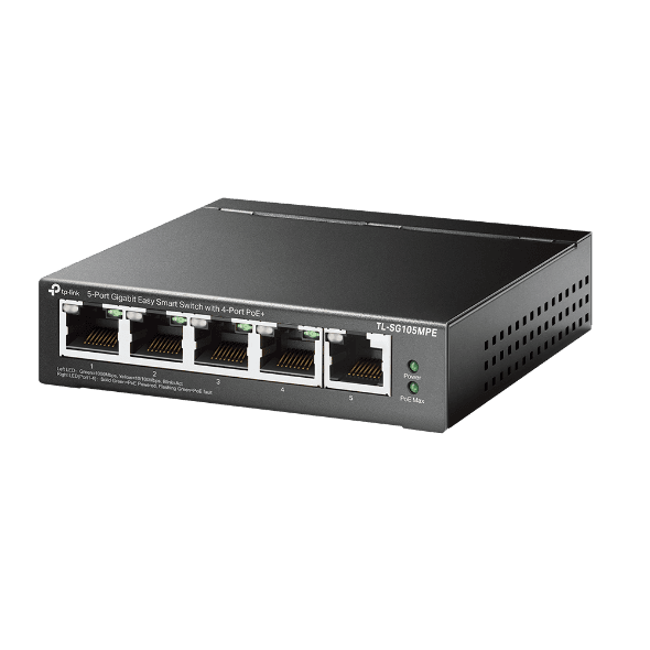 "5-Port Gigabit Easy Smart Switch with 4-Port PoE+ PORT: 4× Gigabit PoE+ Ports, 1× Gigabit Non-PoE Ports SPEC: 802.3af/at, 120 W PoE Power, Desktop Steel Case FEATURE: PoE Auto Recovery, MTU/Port/Tag-based VLAN, QoS, IGMP Snooping, Web/Utility Management, Plug and Play"