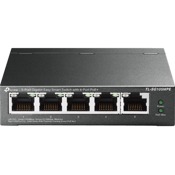"5-Port Gigabit Easy Smart Switch with 4-Port PoE+ PORT: 4× Gigabit PoE+ Ports, 1× Gigabit Non-PoE Ports SPEC: 802.3af/at, 120 W PoE Power, Desktop Steel Case FEATURE: PoE Auto Recovery, MTU/Port/Tag-based VLAN, QoS, IGMP Snooping, Web/Utility Management, Plug and Play"