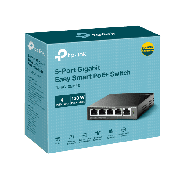 "5-Port Gigabit Easy Smart Switch with 4-Port PoE+ PORT: 4× Gigabit PoE+ Ports, 1× Gigabit Non-PoE Ports SPEC: 802.3af/at, 120 W PoE Power, Desktop Steel Case FEATURE: PoE Auto Recovery, MTU/Port/Tag-based VLAN, QoS, IGMP Snooping, Web/Utility Management, Plug and Play"