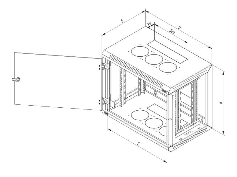 Rack de perete Triton sectiune simpla 15U 600mm adancime usa sticla panouri laterale detasabile, sectiuni acces cabluri sus/jos/spate securizare cu cheie, 1 pereche montanti reglabili, fabricat din tabla galvanizata IP30 gri