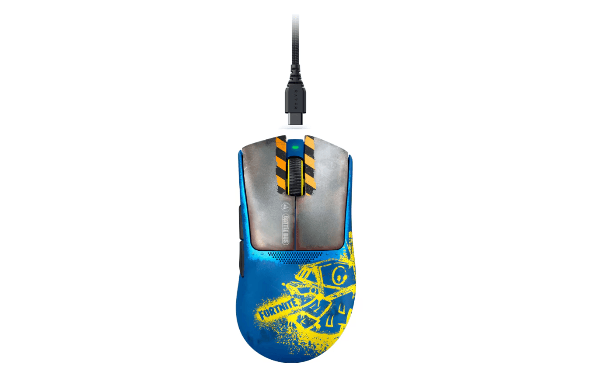 Mouse Razer DeathAdder V3 Pro Fortnite Edition optic, numar butoane progamabile 5, rezolutie 30000 DPI, durata de viata baterie pana la 90 ore - 1000Hz, Pana la 24 ore - 4000Hz + HyperPolling Wireless Dongle