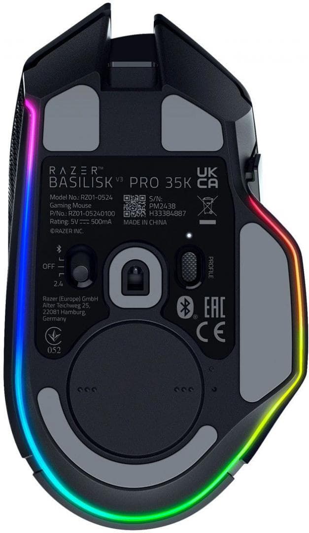 Razer Basilisk V3 35K, wireless, bluetooth, rezolutie maxima 35000 DPI, 11 butoane programabile, autonomie pana la 140h (mod wireless, miscare constanta la 1000Hz),  pana la 210h (mod bluetooth),  iluminare Razer Chroma™ RGB, senzor Focus Pro 35K Optical Sensor Gen-2,  negru