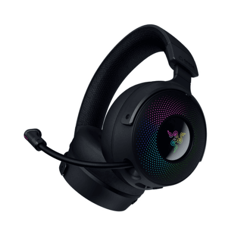 Casti Razer Kraken V4 Pro, wireless, bluetooth, cu fir, frecventa raspuns 20 Hz – 28 kHz,  conectivitate wireless: 2.4 GHz Wireless prin OLED Control Hub sau  Bluetooth 5.3,  cu fir USB-A sau 3.5mm,  microfon retractabil Razer™ HyperClear Super Wideband Mic, iluminare Razer Chroma™ RGB, autonomie
