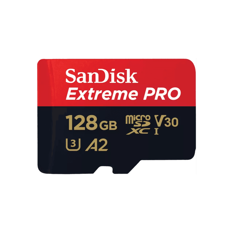 SanDisk Extreme PRO. Capacity: 128 GB, Flash card type: MicroSDXC, Flash memory class: Class 10, Internal memory type: UHS-I, Read speed: 200 MB/s, Write speed: 90 MB/s, UHS Speed Class: Class 3 (U3), Video Speed Class: V30. Protection features: Shock resistant, Temperature proof, Water resistant