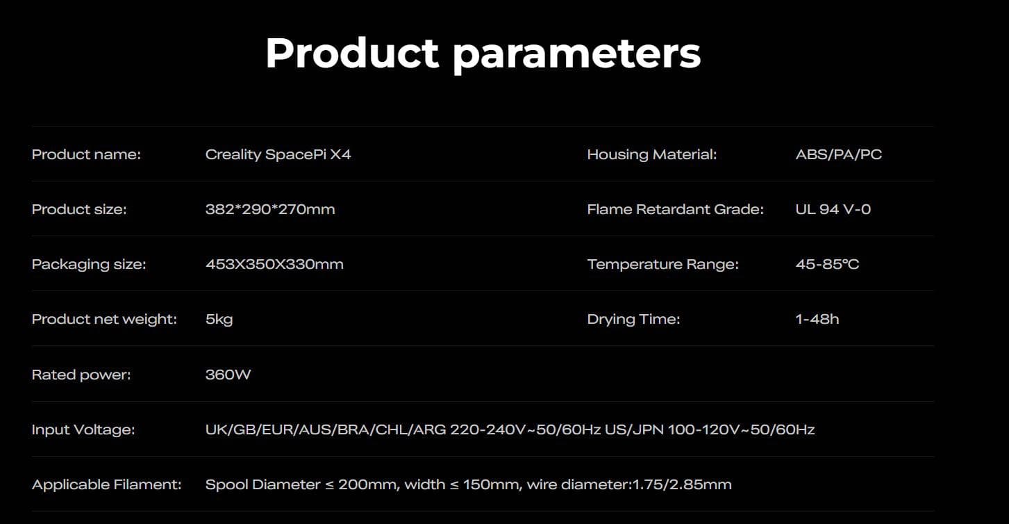 CREALITY 3D SPACE PI X4 FILAMENT DRYER, Capacitate: 4 role de filament, doua camere independente cu control temperatura independent, temperatura: pana la 85°C, dezumidifcare activa, Touchscreen 3.2", Compatibil cu role de filament de 1kg, 2kg, diametru 1.75mm si 2.85mm.