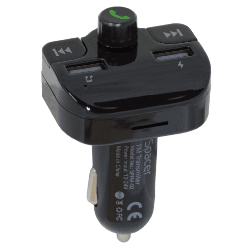 Modulator autor FM Spacer, Bluetooth 5.0, 2xUSB max. 5V/3.1A, 12V-24V, max. 10-15m, mic max. 0-1m, format MP3/WMA, 206 canale 87.5-108Mhz, USB disk, microSD, answer/hang up/redial, protectie circuit, negru
