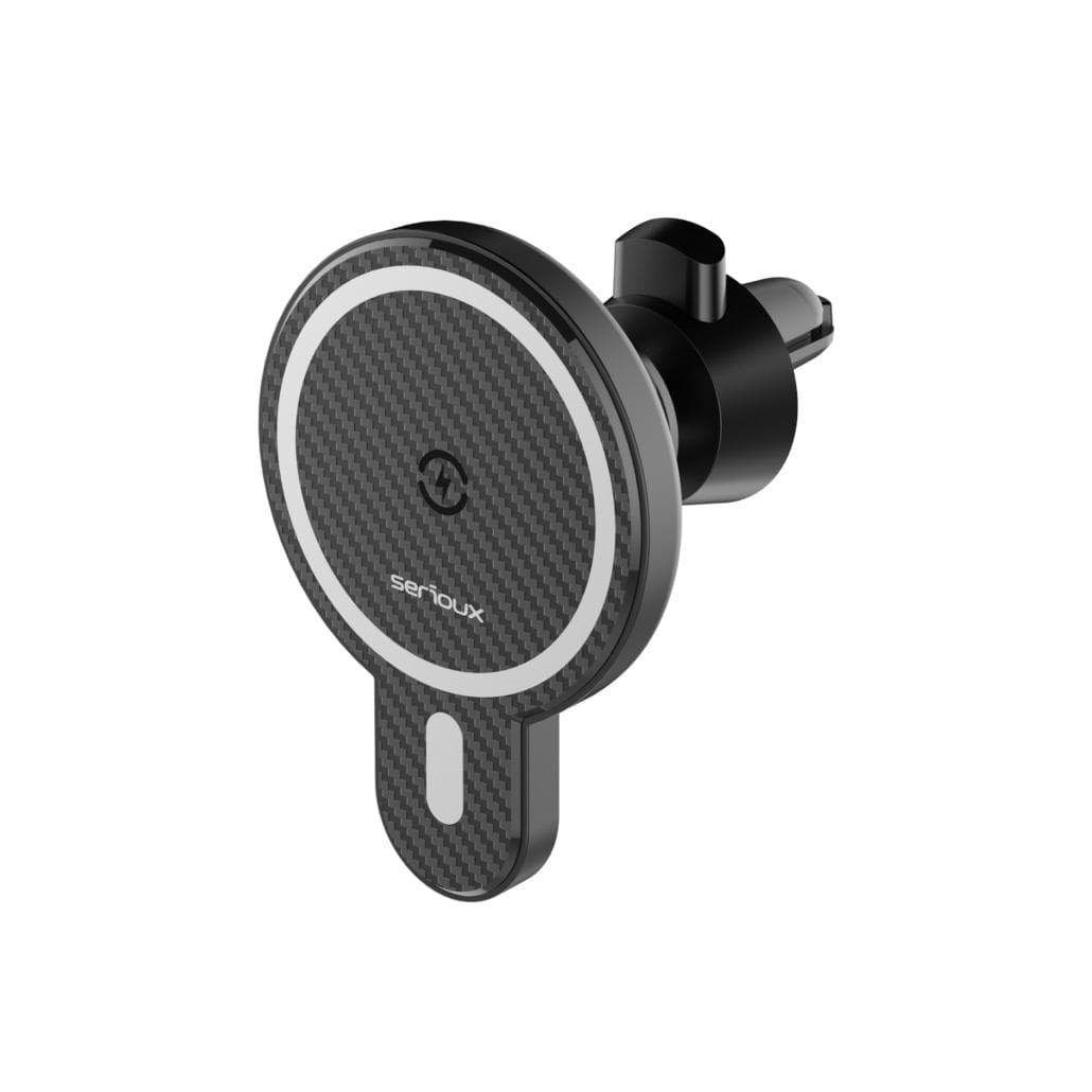 Suport Auto Telefon Serioux, cu incarcare Wireless 15W, compatibil MagSafe, prindere grila ventilatie, Intrare: 5V=2A 9V=2A, Ieșire: 5W 7.5W 10W 15W(Max), Dimensiuni: 61*84*71mm