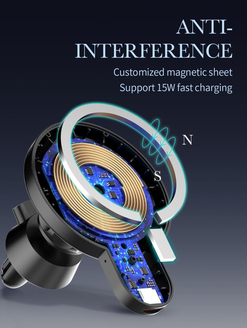 Suport Auto Telefon Serioux, cu incarcare Wireless 15W, compatibil MagSafe, prindere grila ventilatie, Intrare: 5V=2A 9V=2A, Ieșire: 5W 7.5W 10W 15W(Max), Dimensiuni: 61*84*71mm