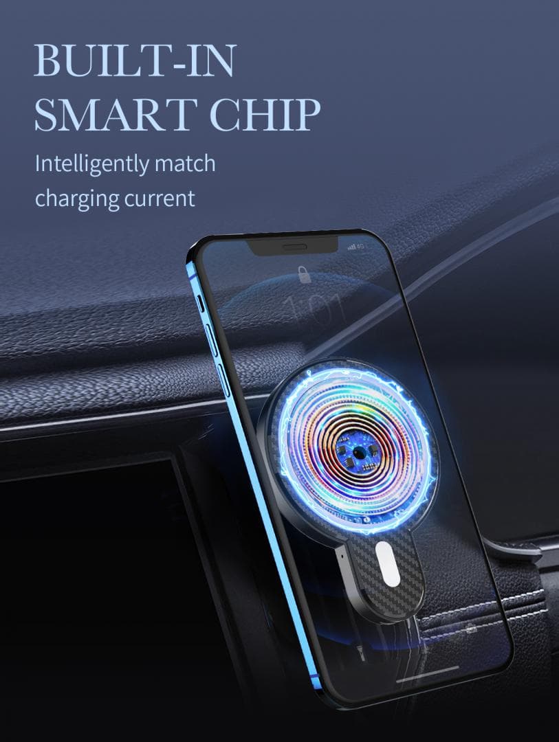 Suport Auto Telefon Serioux, cu incarcare Wireless 15W, compatibil MagSafe, prindere grila ventilatie, Intrare: 5V=2A 9V=2A, Ieșire: 5W 7.5W 10W 15W(Max), Dimensiuni: 61*84*71mm