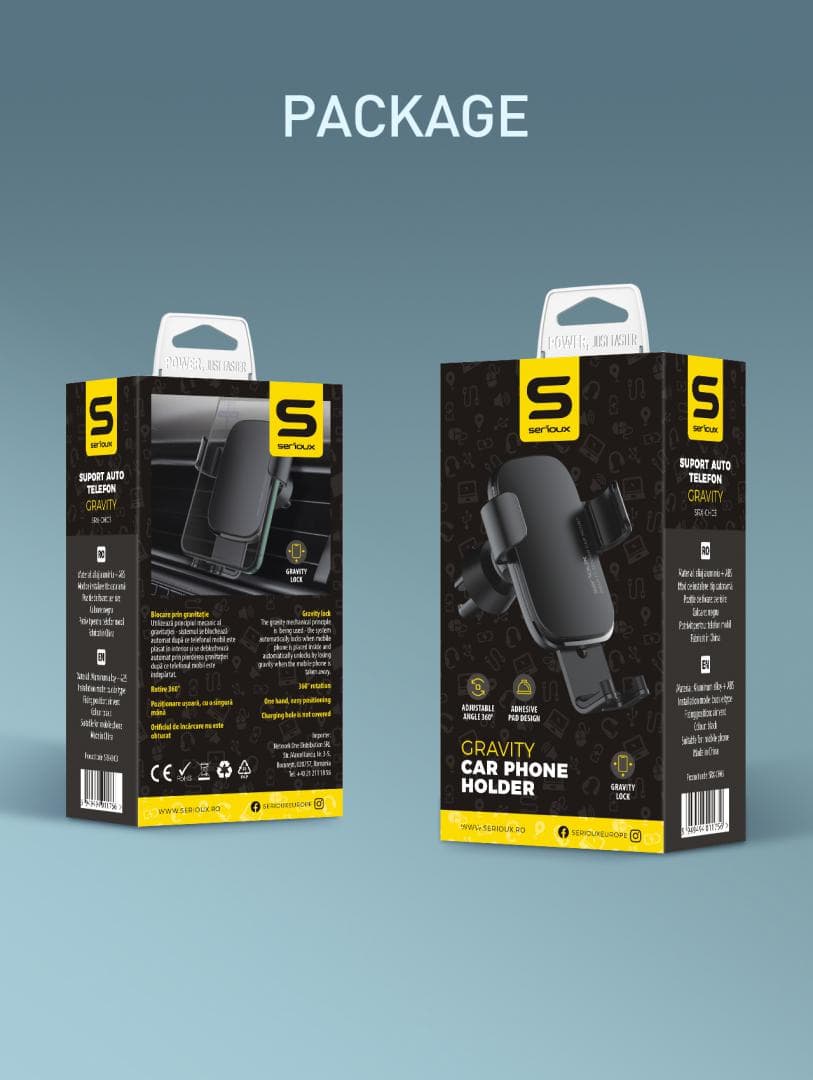 Suport auto telefon Gravity Serioux CH03, Material: ABS+ aluminium, mod de instalare: tip cataramă, poziție de fixare: aerisire, culoare: negru, potrivit pentru: telefon mobil