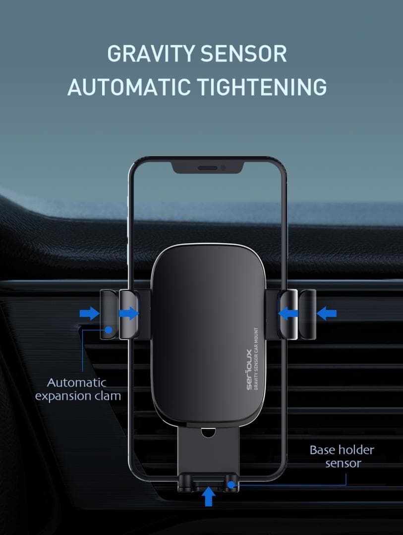 Suport auto telefon Gravity Serioux CH03, Material: ABS+ aluminium, mod de instalare: tip cataramă, poziție de fixare: aerisire, culoare: negru, potrivit pentru: telefon mobil