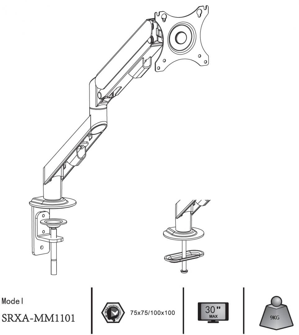 Suport monitor Serioux MM1101, tip: arc cu gaz, reglarea poziției unghiului de înclinare: -45 / + 90 °, pivotant: 180 °, rotatie pentru ambele brate: 360 °, VESA: 75x75mm & 100x100mm, greutate maxima suportata: 9 kg, compatibilitate: 10"-30"