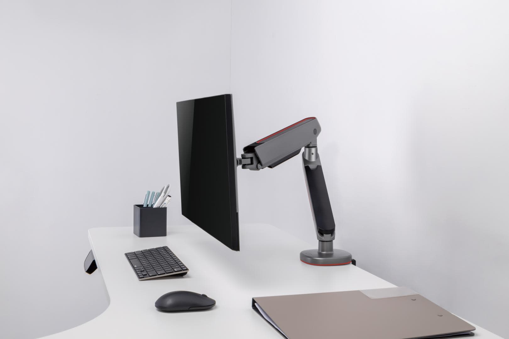 Brat pentru monitor, Material: Oțel, Aluminiu, Plastic, Suprafață finisaj : acoperire cu Pulbere, Culoare: Alb Texturat Fin, Gri Spațial, Dimensiune compatibila ecran: 27"-45", tehnologie arc, Greutate maxima (pe ecran): 5~14 kg, Greutate maxima pentru ecran curbat (pe ecran): 5~12 kg