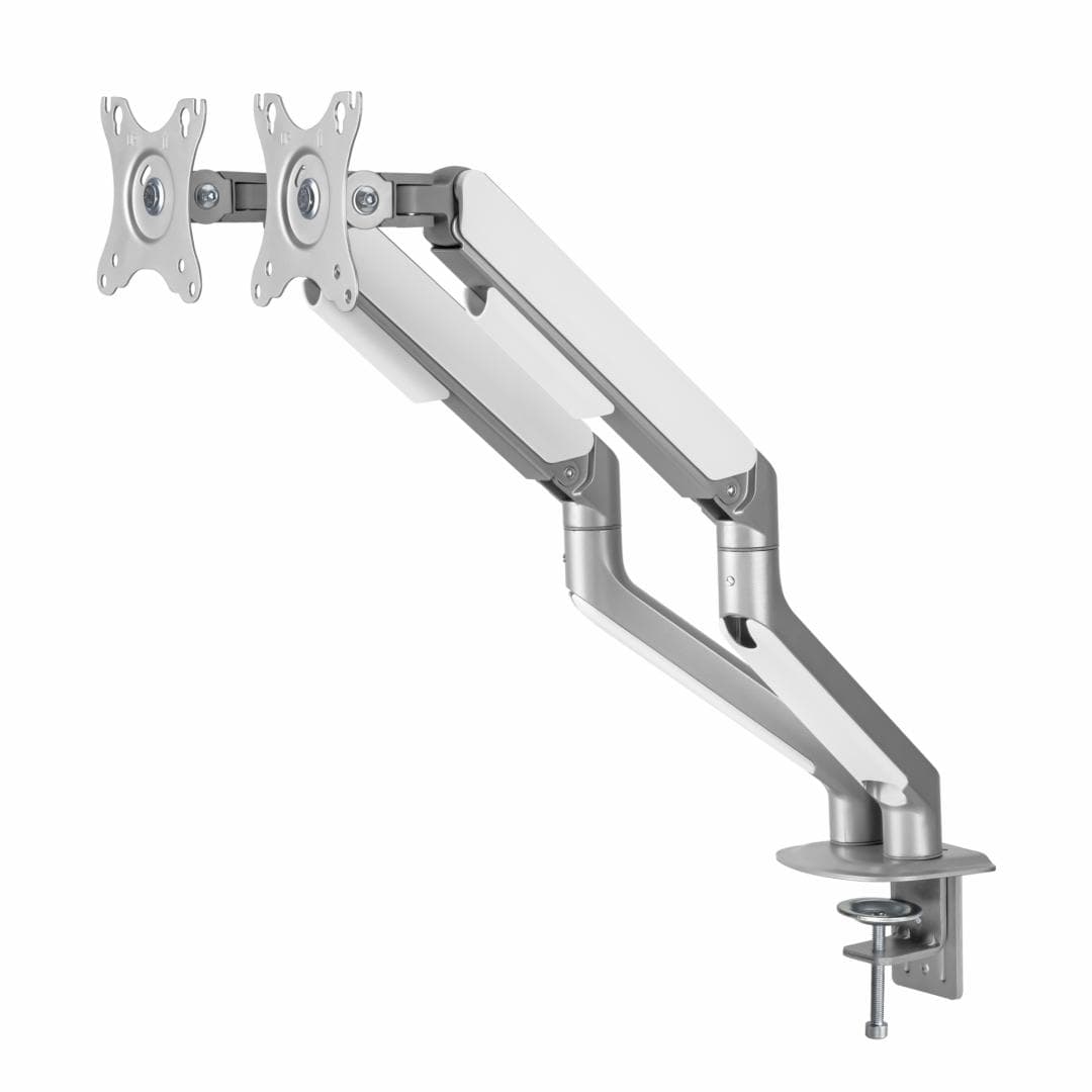 Suport 2 monitoare Serioux MM63-C024, arc cu gaz, compatibilitate dimensiune ecran 17"-32",  greutate maximă suportata: (per ecran): 2~ 9kg, VESA: 75x75, 100x100, inclinare: +55°~-55°, pivotare: +90°~-90°, rotația ecranului: +180°~-180°