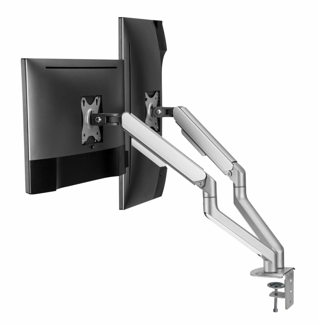 Suport 2 monitoare Serioux MM63-C024, arc cu gaz, compatibilitate dimensiune ecran 17"-32",  greutate maximă suportata: (per ecran): 2~ 9kg, VESA: 75x75, 100x100, inclinare: +55°~-55°, pivotare: +90°~-90°, rotația ecranului: +180°~-180°