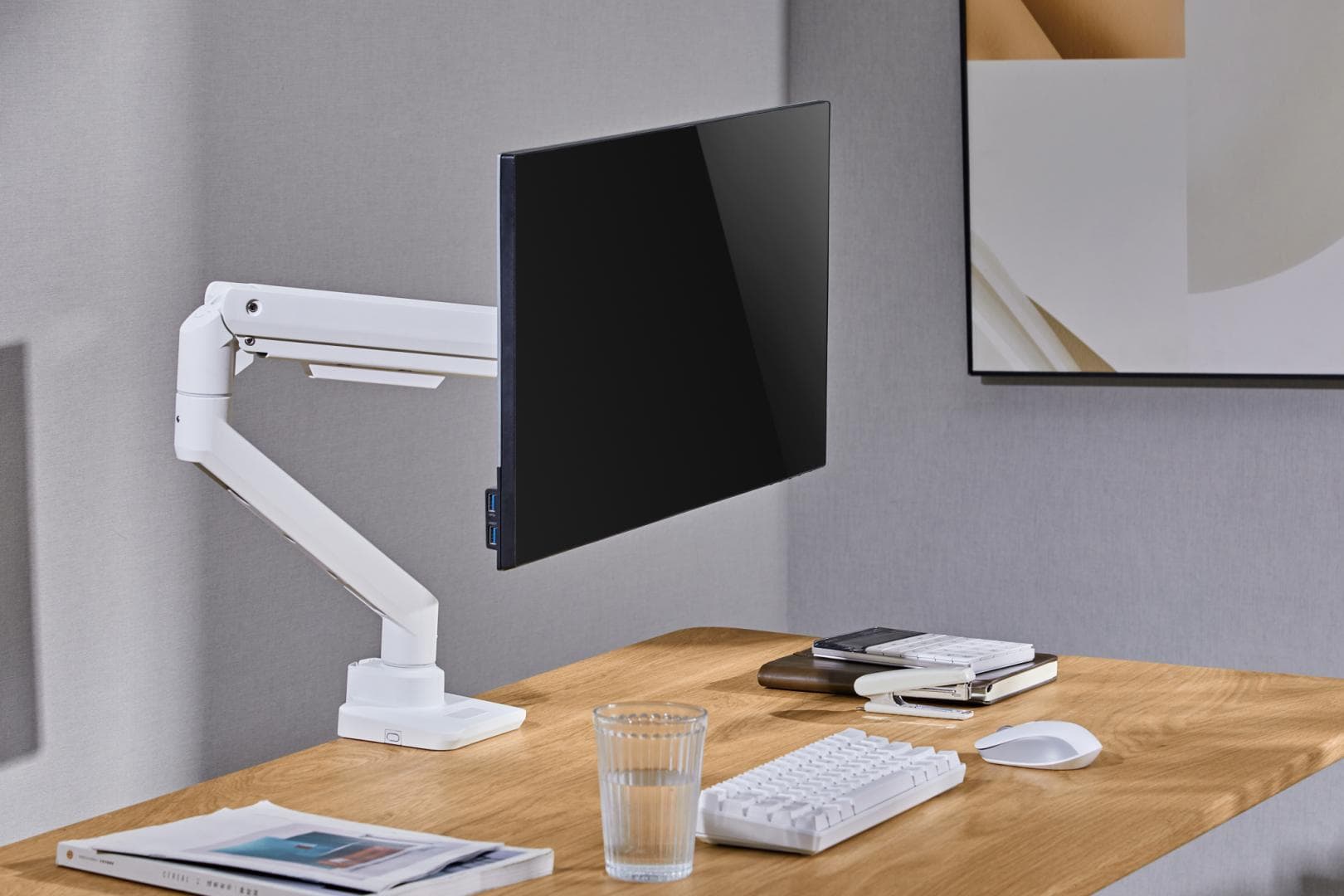 Suport monitor Serioux MM69-C012, compatibilitate  dimensiune ecran 17"-49", arc cu gaz, greutate maximă suportata: (per ecran): 2~20 kg, VESA: 75x75, 100x100, inclinare: +50°~-20°, pivotare: +90°~-90°, rotația ecranului: +180°~-180°, instalare: clemă, grommet,alb