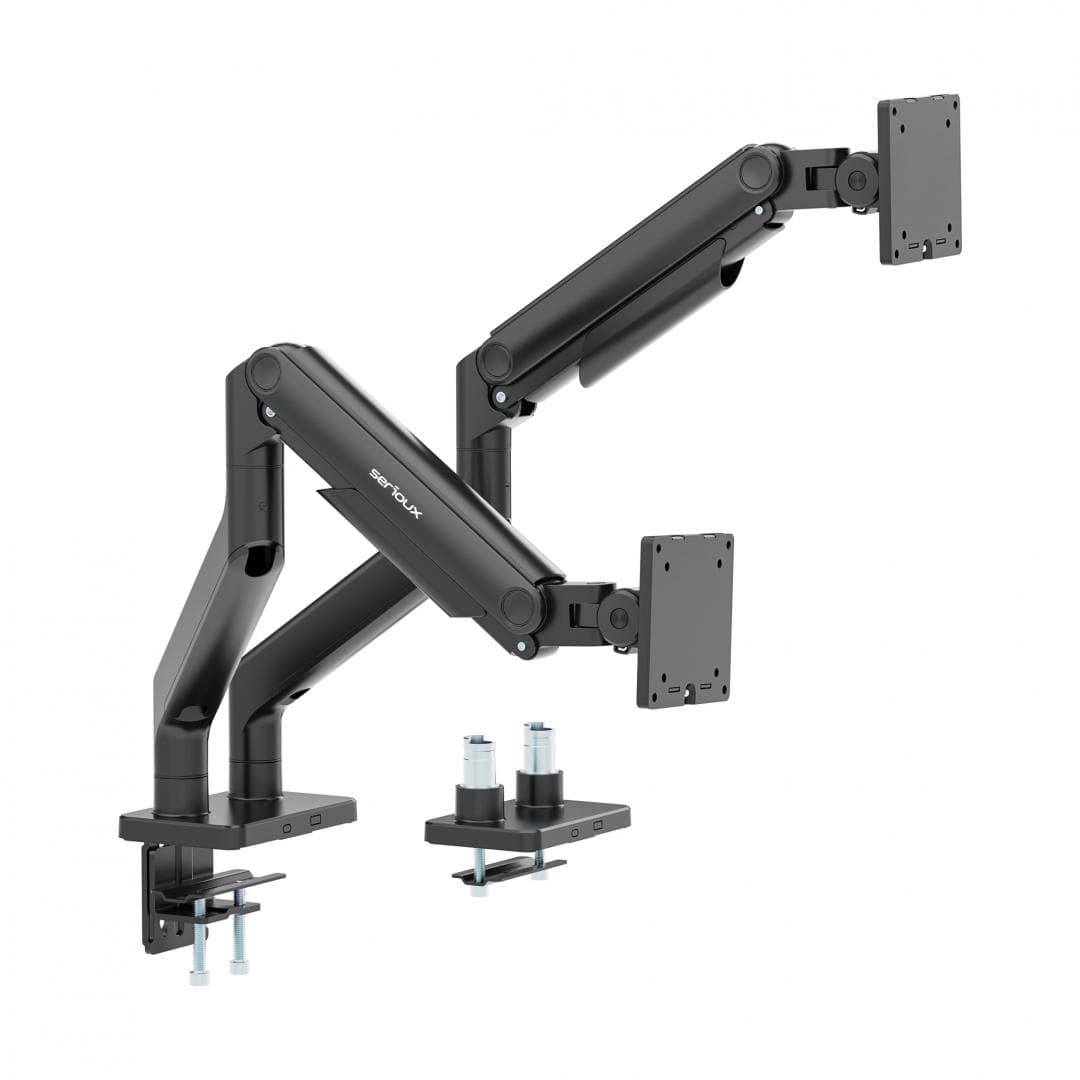 Suport 2 monitoare Serioux MM74-C024, tehnologie arc, compatibilitate  dimensiune ecran 17"-45", greutate maximă suportata: (per ecran): 20kg, VESA: 75x75, 100x100, inclinare: +50°~-20°, pivotare: +90°~-90°