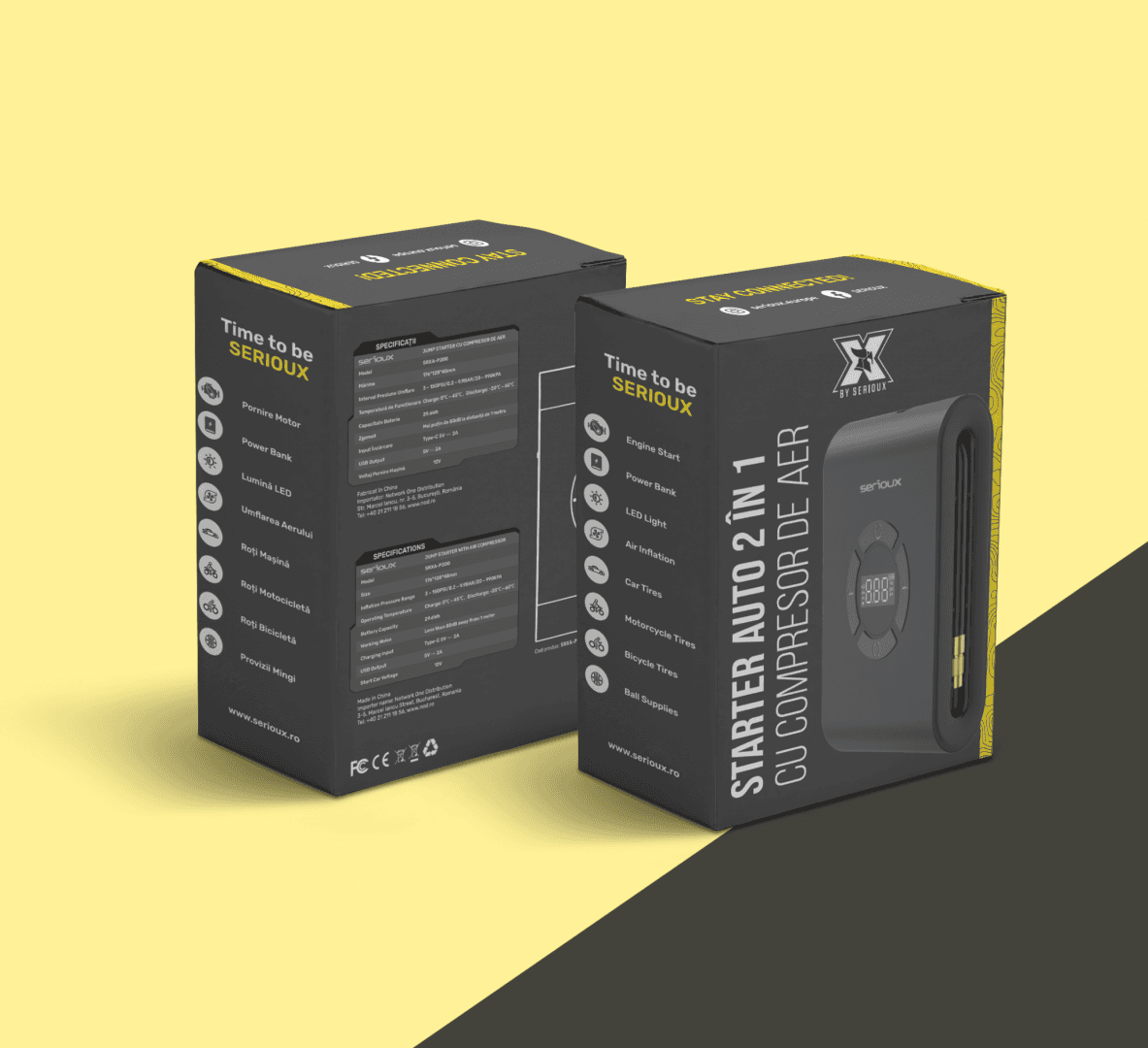 Starter auto cu compresor de aer Serioux, interval de presiune reglabil 3~150PSI/0,2~9,9BAR/20~990KPA, temperatura de functionare incărcare: 0° C~45°C, Descărcare: -20°C~60°C, temeperatura de depozitare 10 °C~50 °C, lungimea tubului de umflare 115 mm (inclusiv duza de umflare), capacitate acumulator