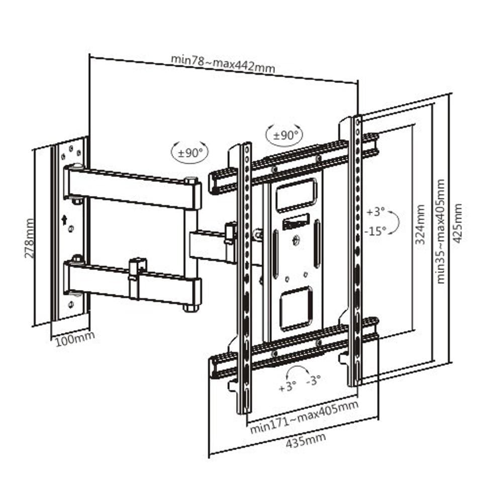 Suport TV de perete Serioux TV61-443, compatibilitate  dimensiune ecran: 32"-70", compatibilitate VESA: 200x100, 200x200, 300x200, 400x200, 300x300, 400x300, 400x400, greutate maximă suportata:  50kg, distanta fata de perete: 78~442mm, inclinare:  +3°~-15°, pivotare: +90°~-90°, nivel ecran: +3°~-3°