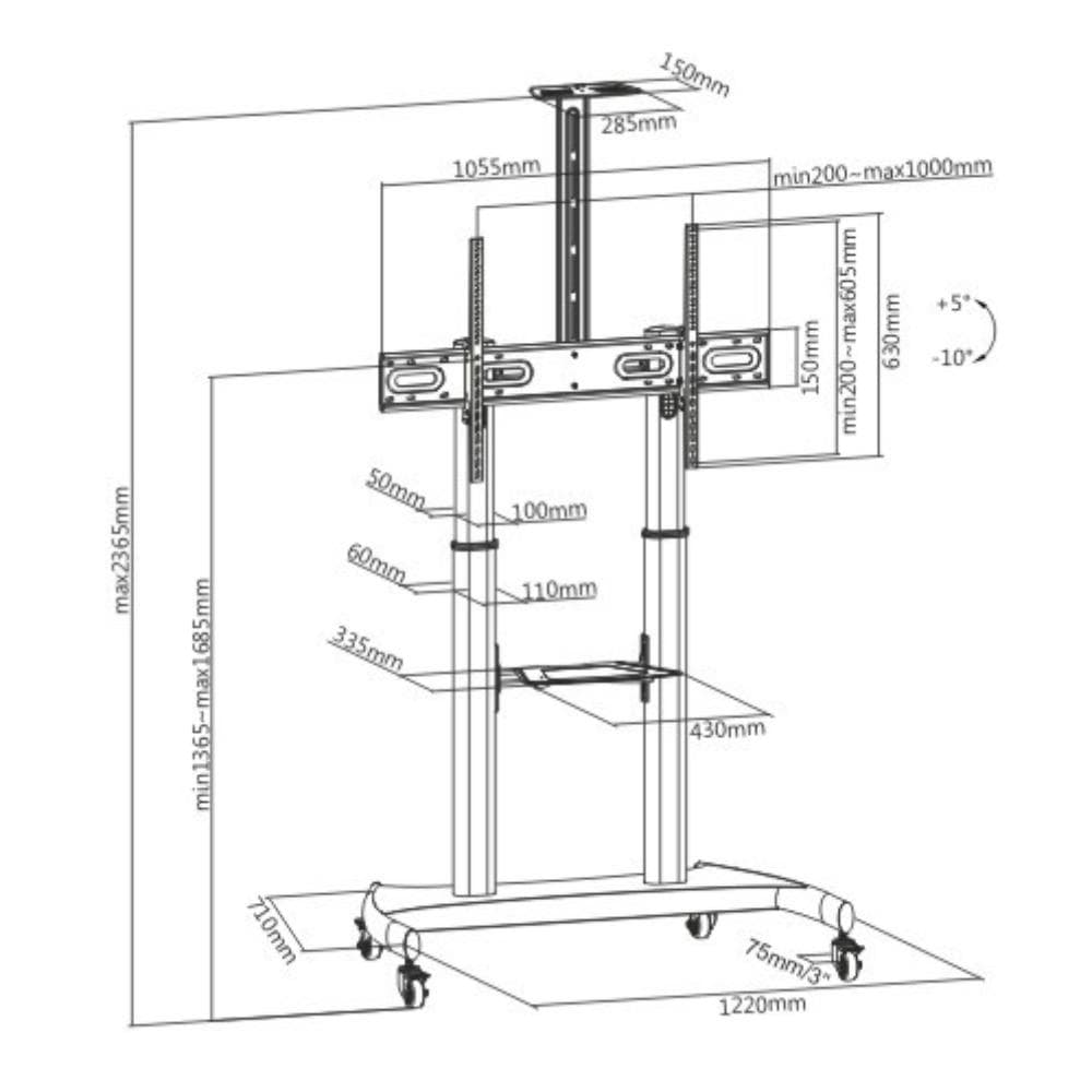 Stand TV mobil Serioux TV610TW 60"-100", dimensiuni: 1220x710x2045~ 2365mm, compatibilitate  dimensiune ecran: 60"-100", compatibilitate VESA: 400x400, 600x400, 800x400, 800x600, 900x600, 1000x600, Greutate maximă suportata: 100 kg, interval de înclinare: +5°~-10°, interval de înălțime: 1365~1685mm