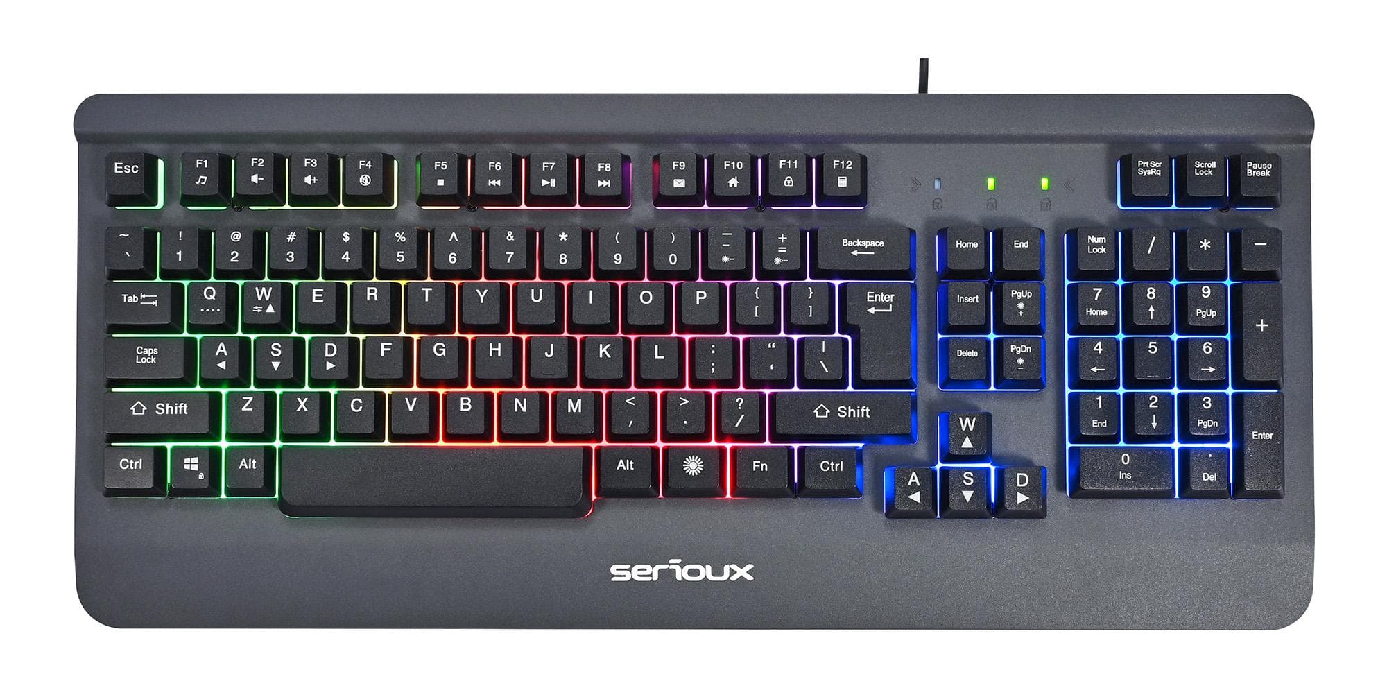 Kit Gaming Serioux Kayel 4 in 1, Tastatura de gaming, 104 taste, 19 taste Anti-ghosting , design slim, iluminare rainbow, structura metalica gri, taste negre + design cu palm rest, cablu USB 1.5M PVC, plug and play; Mouse gaming, senzor Sunplus 199, 800-6400 DPI, switch HUANO, pana la 20 milioane de