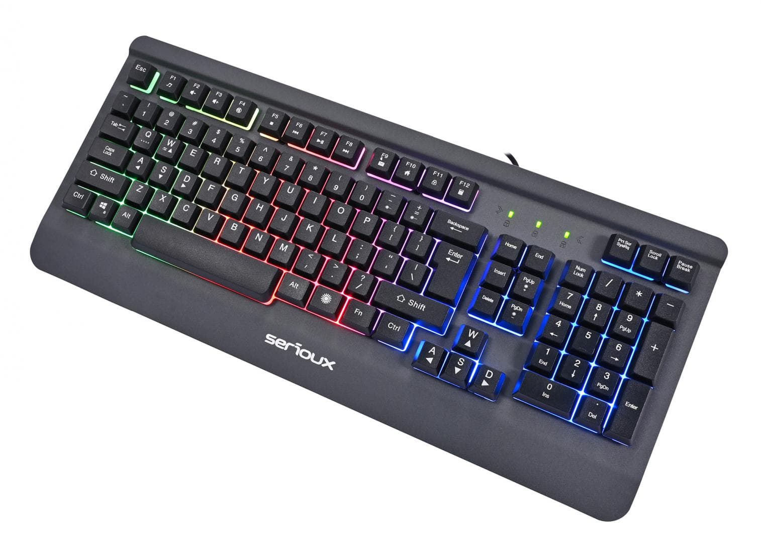 Kit Gaming Serioux Kayel 4 in 1, Tastatura de gaming, 104 taste, 19 taste Anti-ghosting , design slim, iluminare rainbow, structura metalica gri, taste negre + design cu palm rest, cablu USB 1.5M PVC, plug and play; Mouse gaming, senzor Sunplus 199, 800-6400 DPI, switch HUANO, pana la 20 milioane de