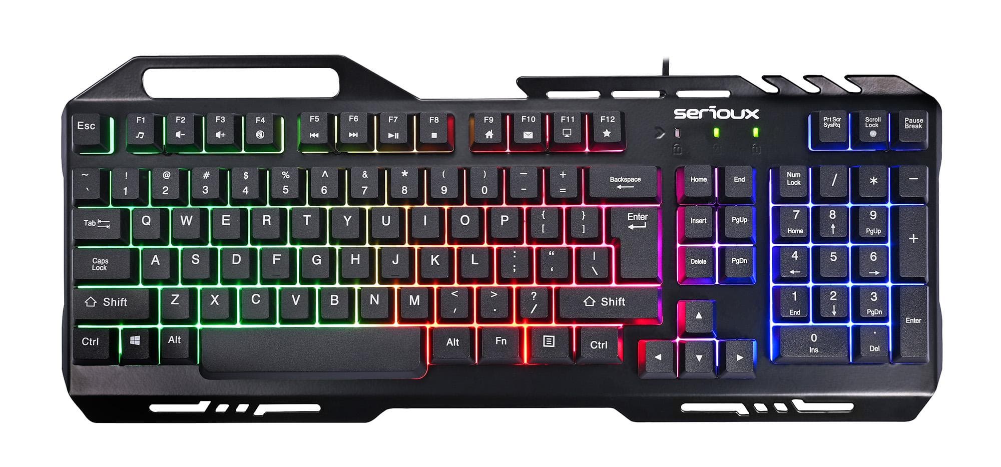 Kit Gaming Serioux Tobis 3 in 1, Tastatura de gaming, 104 taste, 7 taste Anti-ghosting, design slim, iluminare rainbow, structura metalica + taste negre, suport telefon, cablu USB 1.5M PVC, plug and play; Mouse gaming, senzor Sunplus 192, 1000-6400 DPI, switch HUANO, pana la 20 milioane de