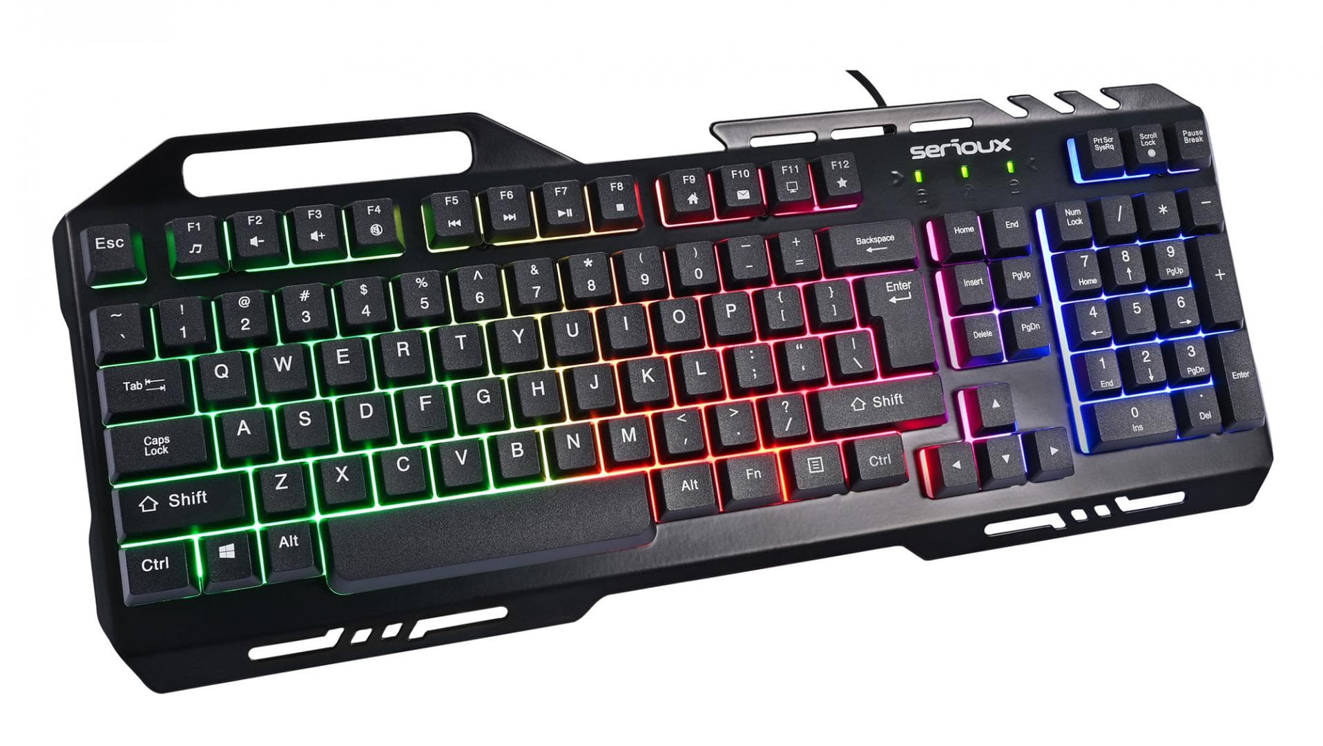 Kit Gaming Serioux Tobis 3 in 1, Tastatura de gaming, 104 taste, 7 taste Anti-ghosting, design slim, iluminare rainbow, structura metalica + taste negre, suport telefon, cablu USB 1.5M PVC, plug and play; Mouse gaming, senzor Sunplus 192, 1000-6400 DPI, switch HUANO, pana la 20 milioane de