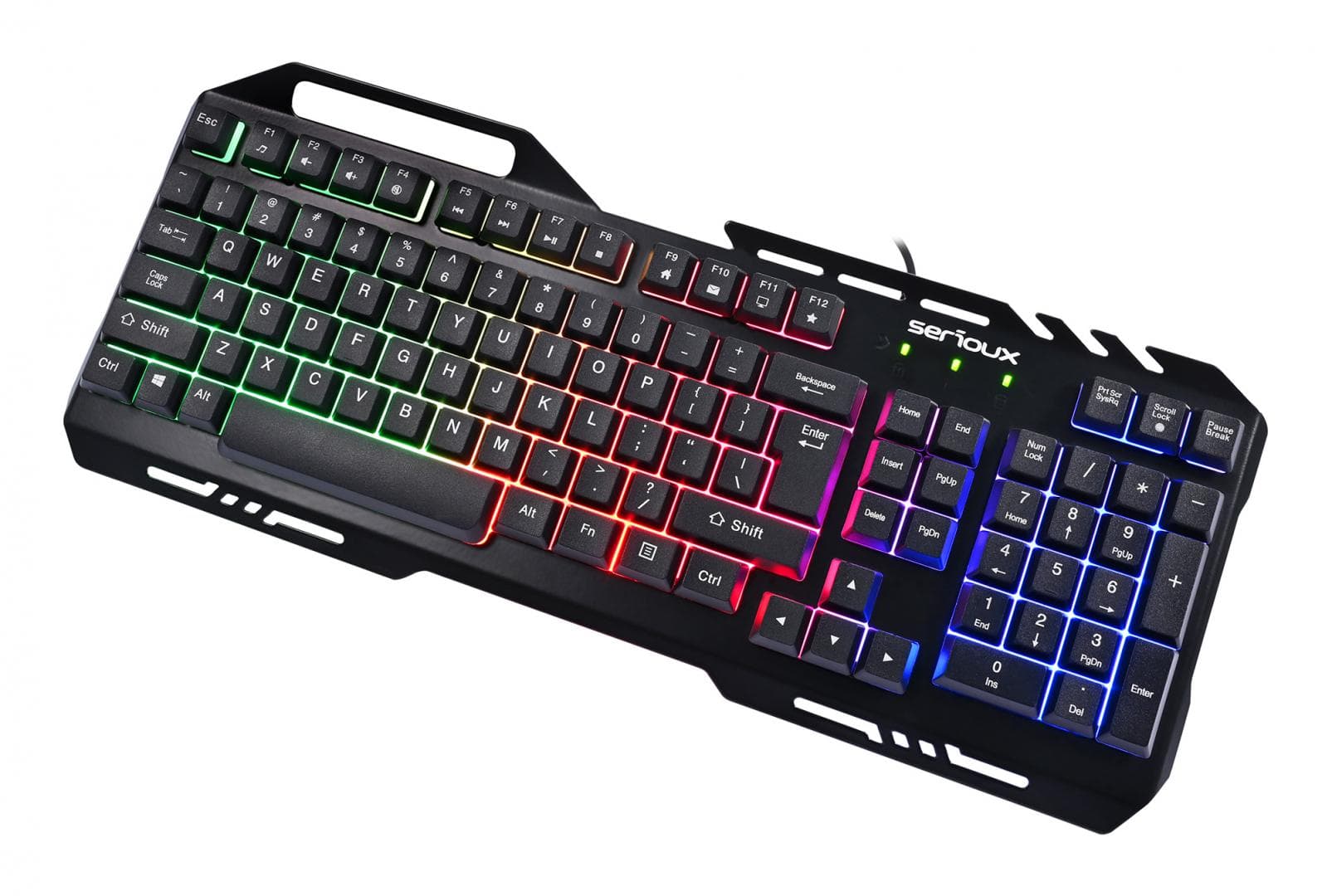 Kit Gaming Serioux Tobis 3 in 1, Tastatura de gaming, 104 taste, 7 taste Anti-ghosting, design slim, iluminare rainbow, structura metalica + taste negre, suport telefon, cablu USB 1.5M PVC, plug and play; Mouse gaming, senzor Sunplus 192, 1000-6400 DPI, switch HUANO, pana la 20 milioane de