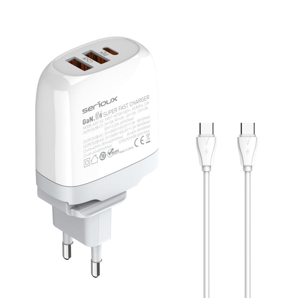 Incarcator retea Serioux 65W GAN QC, Intrare: AC100-240V~ 50/60Hz 1.5A, Ieșire (USB-C1): 5V-3A 9V-3A 12V-3A 15V-3A 20V=3.25A 65W(Max), Ieșire (USB-A1): 5V-3A 9V-2A 12V=1.5A 18W(Max), Ieșire (USB-A2): 5V-3A 9V-2A 12V 1.5A 18W(Max), A1+A2=18W(Max), C1+A1=45W+18W=63W(Max),  C1+A1+A2= 60W(Max), Total 