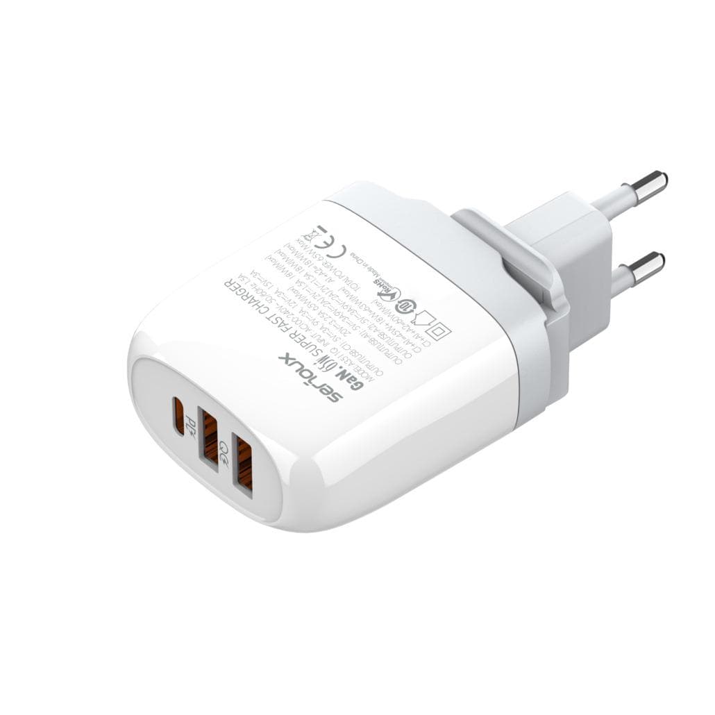 Incarcator retea Serioux 65W GAN QC, Intrare: AC100-240V~ 50/60Hz 1.5A, Ieșire (USB-C1): 5V-3A 9V-3A 12V-3A 15V-3A 20V=3.25A 65W(Max), Ieșire (USB-A1): 5V-3A 9V-2A 12V=1.5A 18W(Max), Ieșire (USB-A2): 5V-3A 9V-2A 12V 1.5A 18W(Max), A1+A2=18W(Max), C1+A1=45W+18W=63W(Max),  C1+A1+A2= 60W(Max), Total 