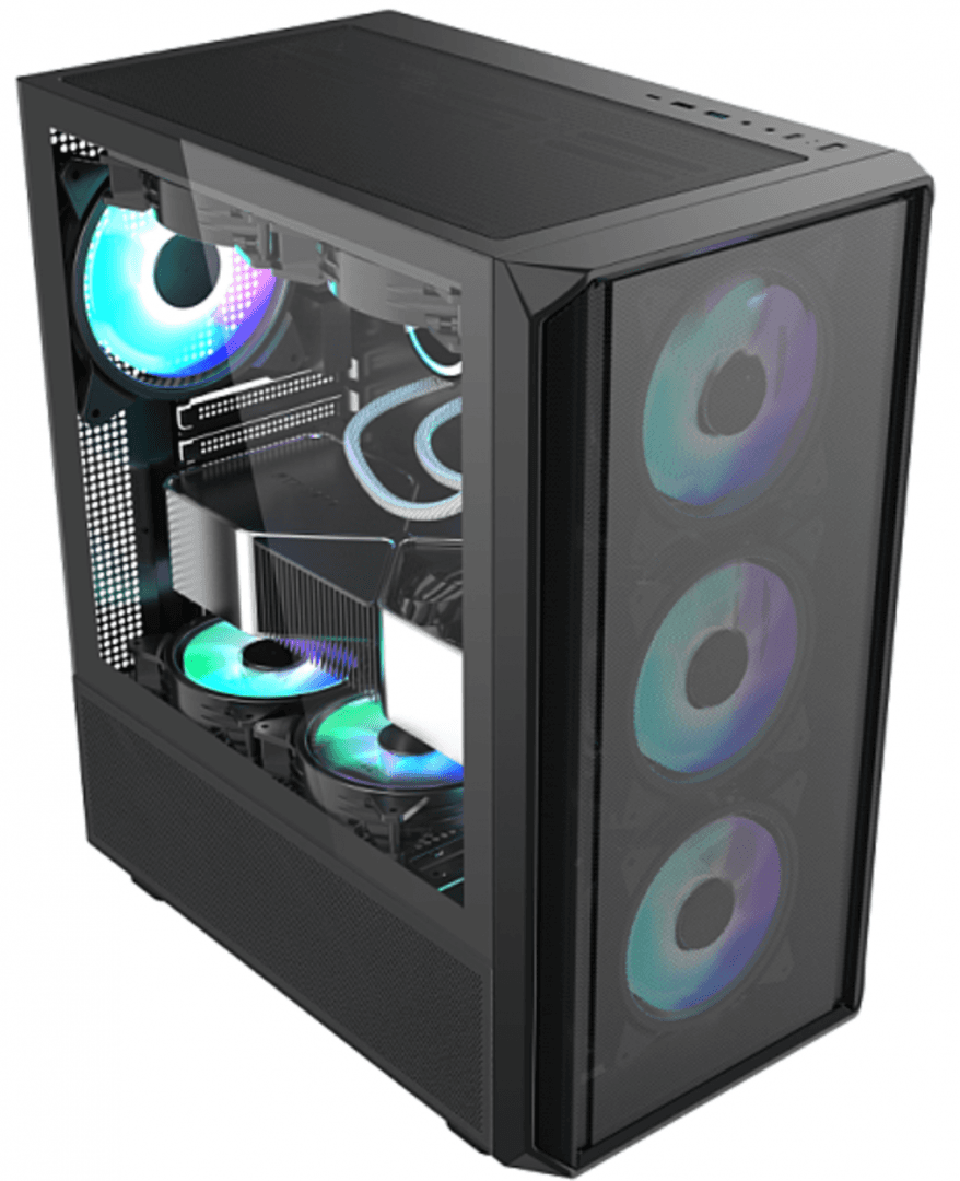 Carcasa gaming Serioux Vanguard, fara sursa, tip middle tower, capac superior cu filtru magnetic de praf, panoul lateral: sticla securizata, sasiu: SPCC 0.5T, USB2.0x2+HD Audio, USB 3.0 x1, porturi rezervate pentru ventilator:, față: 3 x ventilatoare fix de 120mm(incluse)ARGB, suportă cooler pe