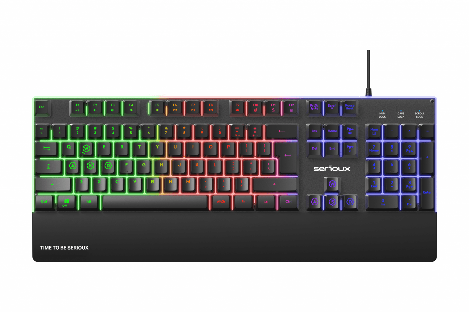 Tastatura gaming cu fir iluminata Serioux Nexor, interfata USB, numar de taste: 104, material ABS, anti-ghosting: 19 taste, lungime cablu 1.5m PVC, dimensiuni (LxAxH): 435.74 × 178.54 × 33.62 mm, negru