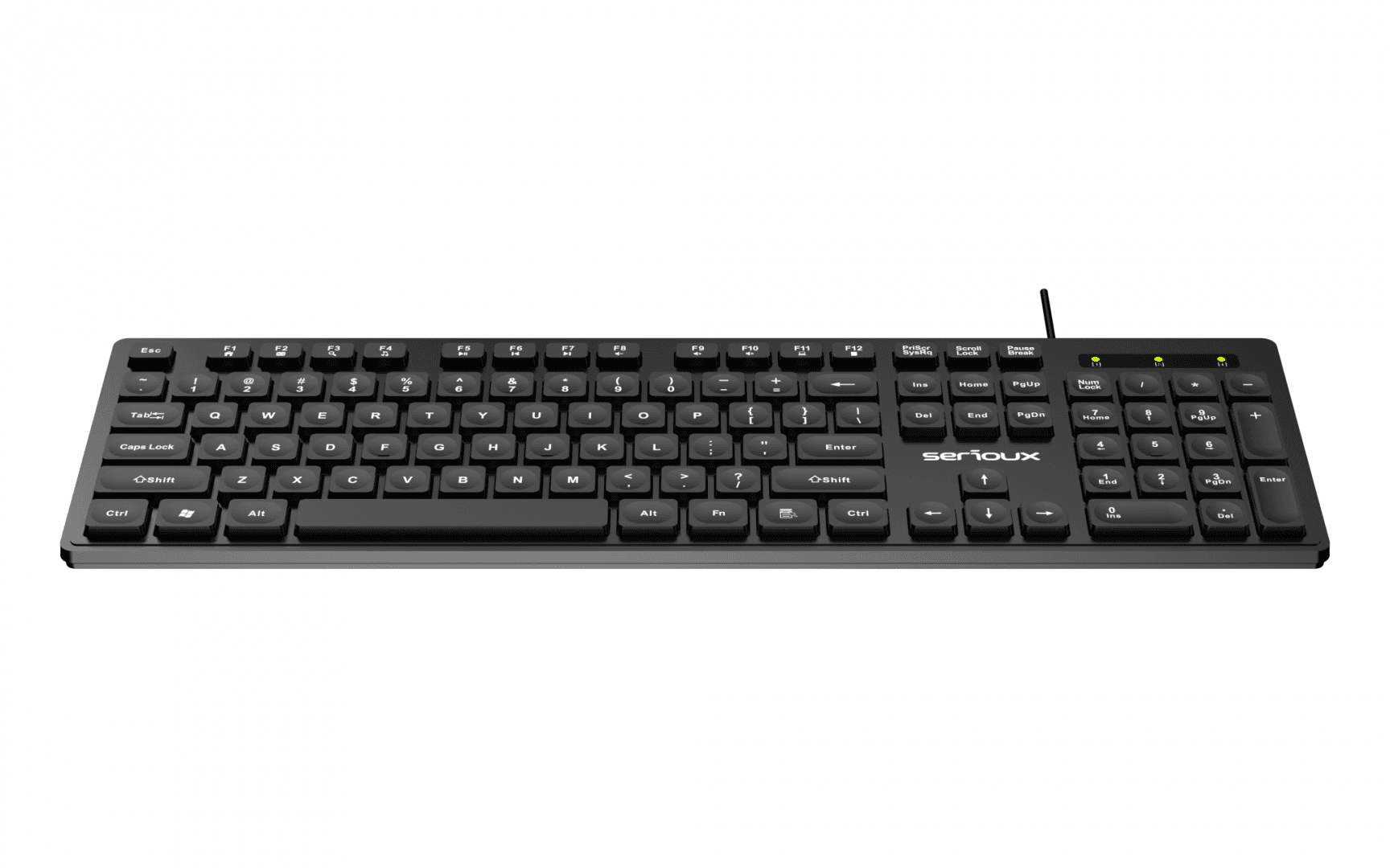 Tastatura Serioux cu fir, interfata USB, 104 taste, material ABS, US Layout, lungime cablu 1.5m PVC, dimensiuni 429*128*20mm; 416g, negru