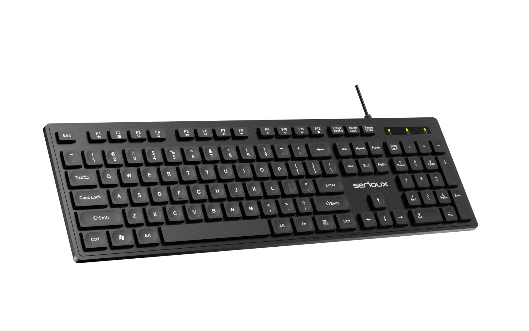 Tastatura Serioux cu fir, interfata USB, 104 taste, material ABS, US Layout, lungime cablu 1.5m PVC, dimensiuni 429*128*20mm; 416g, negru