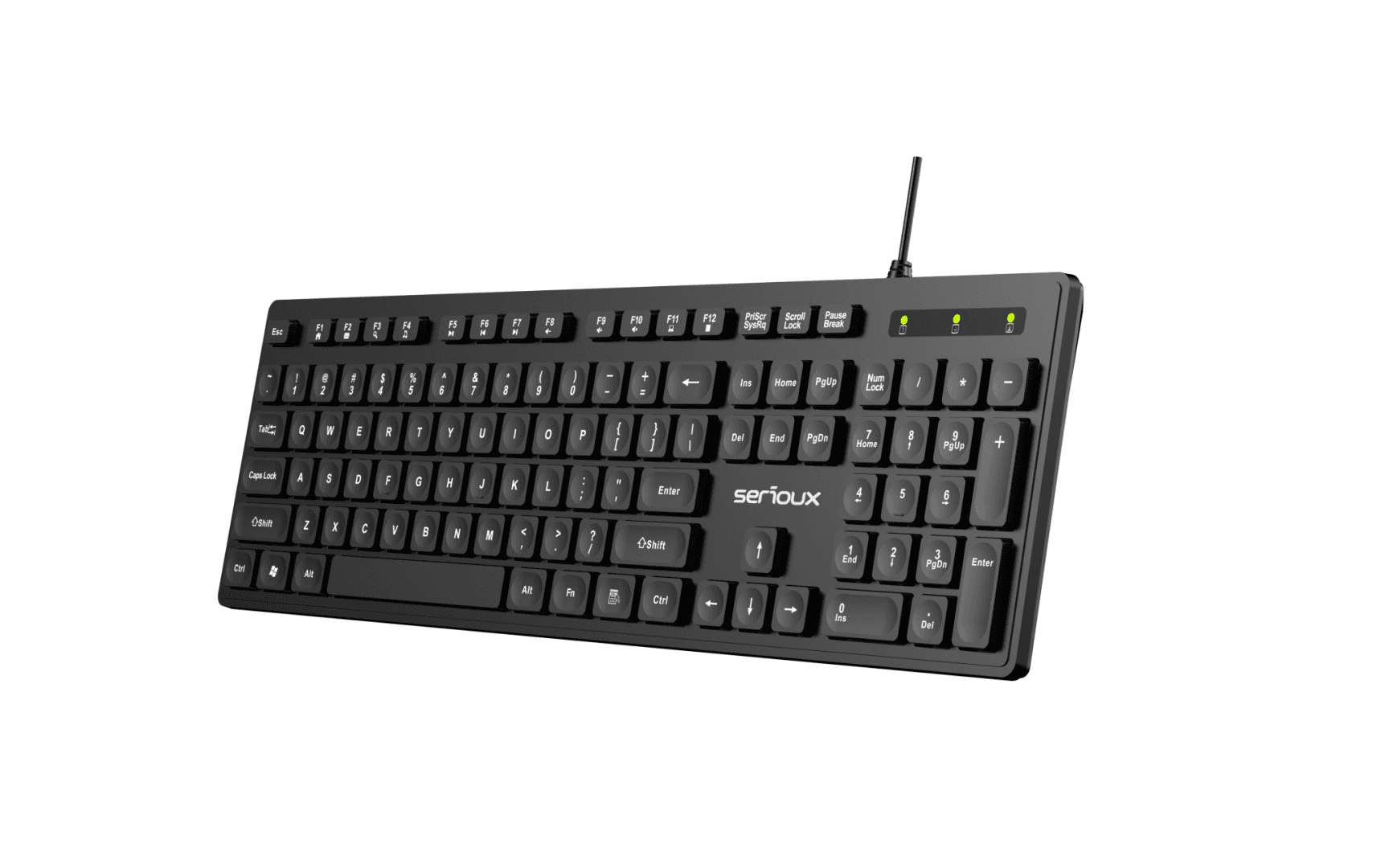 Tastatura Serioux cu fir, interfata USB, 104 taste, material ABS, US Layout, lungime cablu 1.5m PVC, dimensiuni 429*128*20mm; 416g, negru