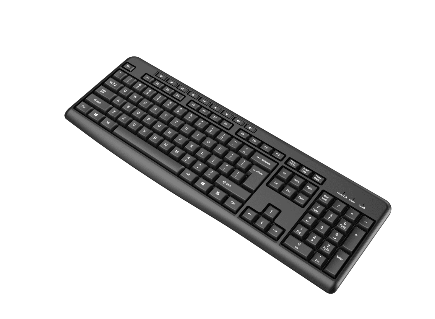 Tastatură wireless 2.4G SRXK-SKB706W, Tastatură: cu rând independent de taste multimedia, Mod Wireless: 2.4G, Număr taste: 104 + 9 taste rapide, Material: ABS, Culoare: Negru, Chipset: Huntersun, Tip interfață: USB,  Dimensiune: 442*152*25mm ; 440g, Baterie: 1*AAA (nu este inclusă)