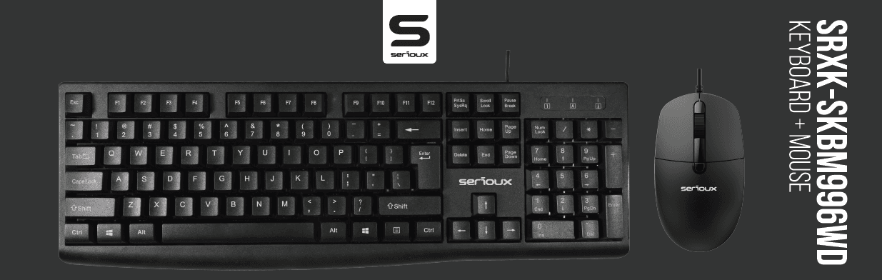 Kit Serioux cu fir, Tastatura: interfata USB, 104 taste, material ABS, US layout, lungime cablu 1.5m PVC,  dimensiuni 440*159*25mm, negru, Mouse: interfata USB, 4 butoane, polling rate 125 Hz, rezolutie DPI 1000, lungime cablu 1.5m PVC, dimensiuni 109*61*37mm, negru