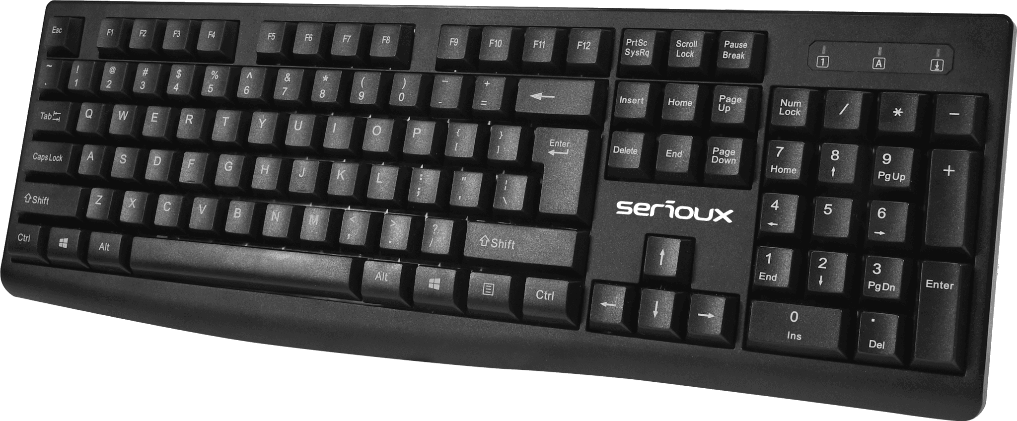Kit Serioux cu fir, Tastatura: interfata USB, 104 taste, material ABS, US layout, lungime cablu 1.5m PVC,  dimensiuni 440*159*25mm, negru, Mouse: interfata USB, 4 butoane, polling rate 125 Hz, rezolutie DPI 1000, lungime cablu 1.5m PVC, dimensiuni 109*61*37mm, negru