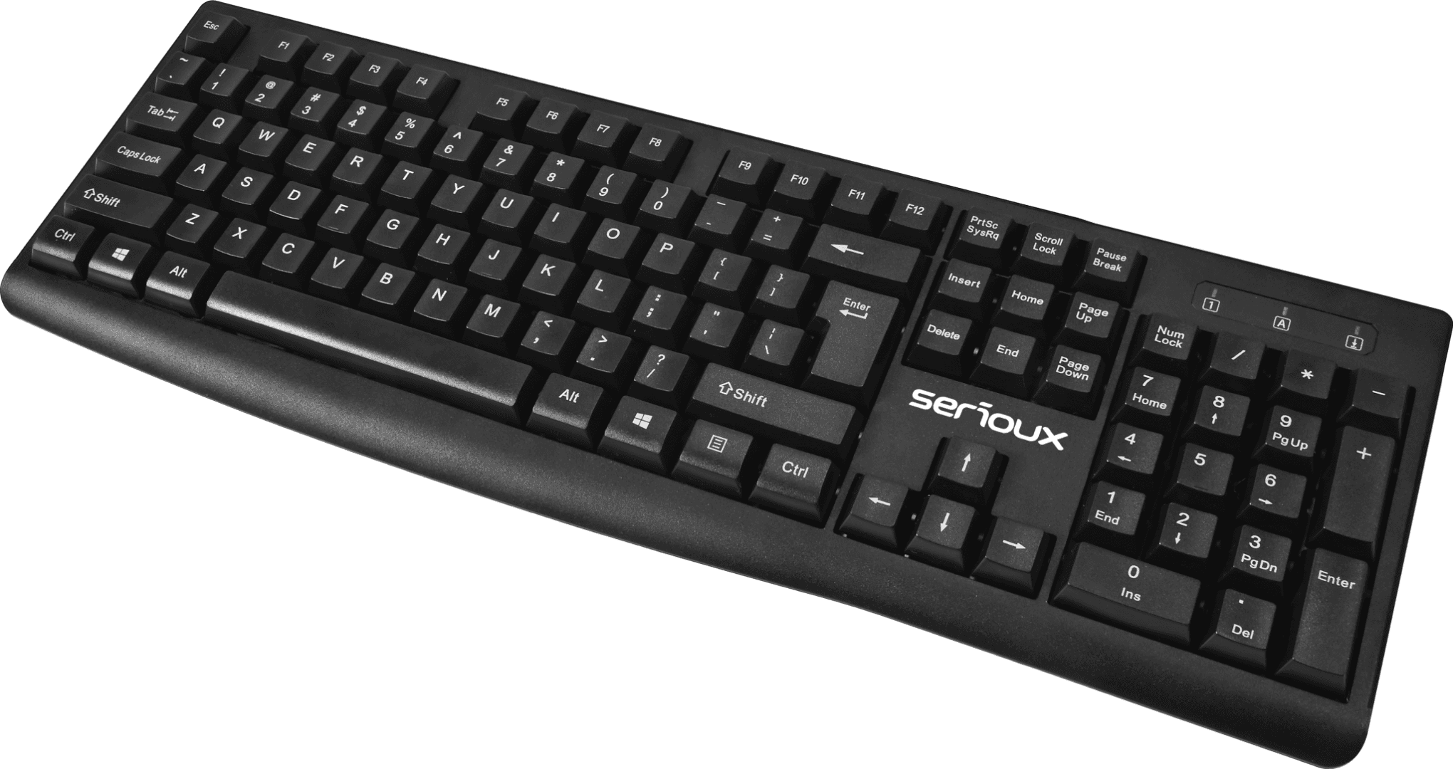 Kit Serioux cu fir, Tastatura: interfata USB, 104 taste, material ABS, US layout, lungime cablu 1.5m PVC,  dimensiuni 440*159*25mm, negru, Mouse: interfata USB, 4 butoane, polling rate 125 Hz, rezolutie DPI 1000, lungime cablu 1.5m PVC, dimensiuni 109*61*37mm, negru