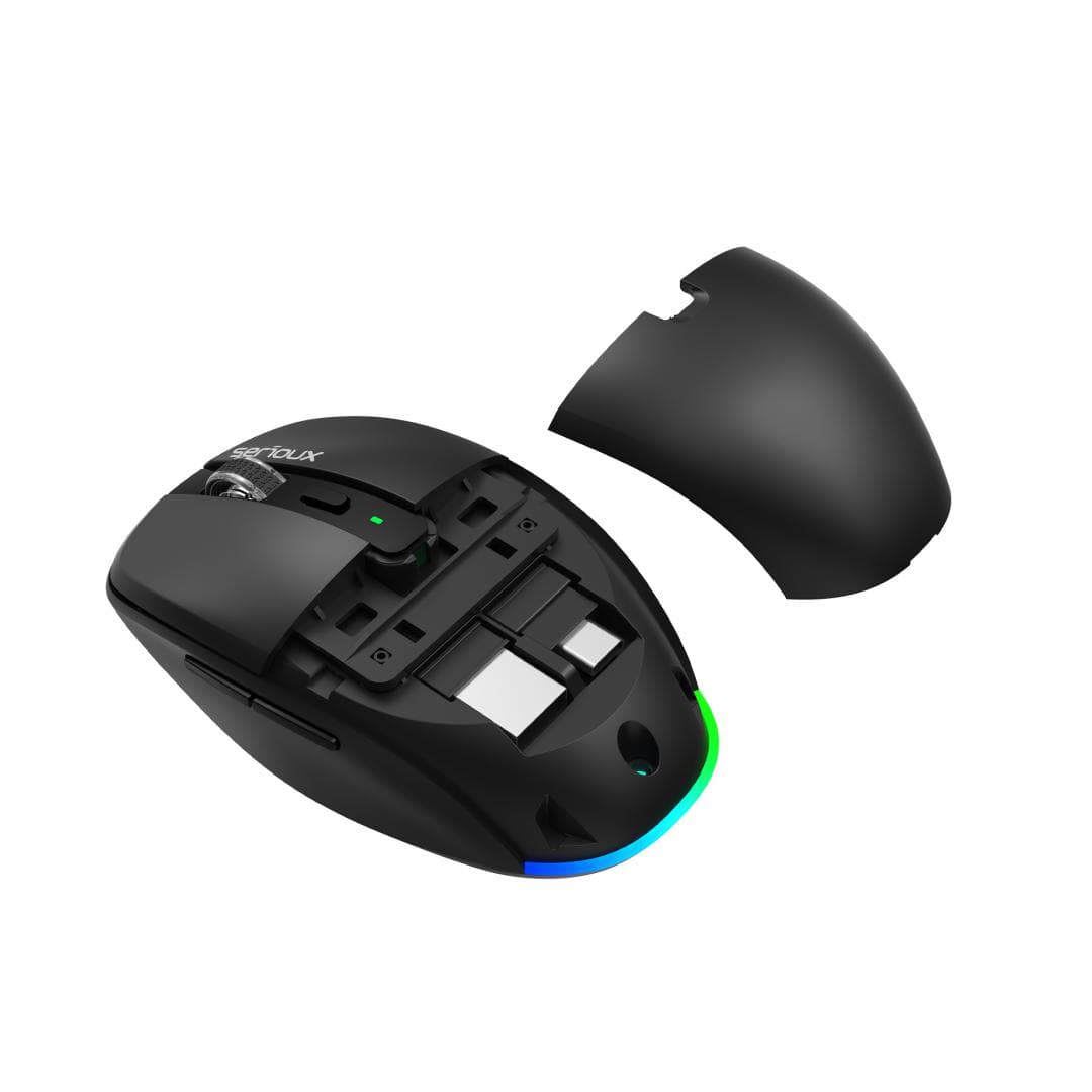 Mouse wireless AirFlow 2.4G+BT cu mod dual, cu receptor dual USB-A +USB-C; LED frontal  Mod: 2.4G + Bluetooth  Număr cheie: 6  Material: ABS  Culoare: Negru complet  DPI: 800-1200-1600  Comutator: Clic silențios pentru butonul L-R  Interfață: Receptor dual USB-A + TYPE-C  Baterie: Baterie litiu de