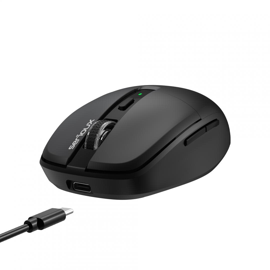 Mouse wireless AirFlow 2.4G+BT cu mod dual, cu receptor dual USB-A +USB-C; LED frontal  Mod: 2.4G + Bluetooth  Număr cheie: 6  Material: ABS  Culoare: Negru complet  DPI: 800-1200-1600  Comutator: Clic silențios pentru butonul L-R  Interfață: Receptor dual USB-A + TYPE-C  Baterie: Baterie litiu de