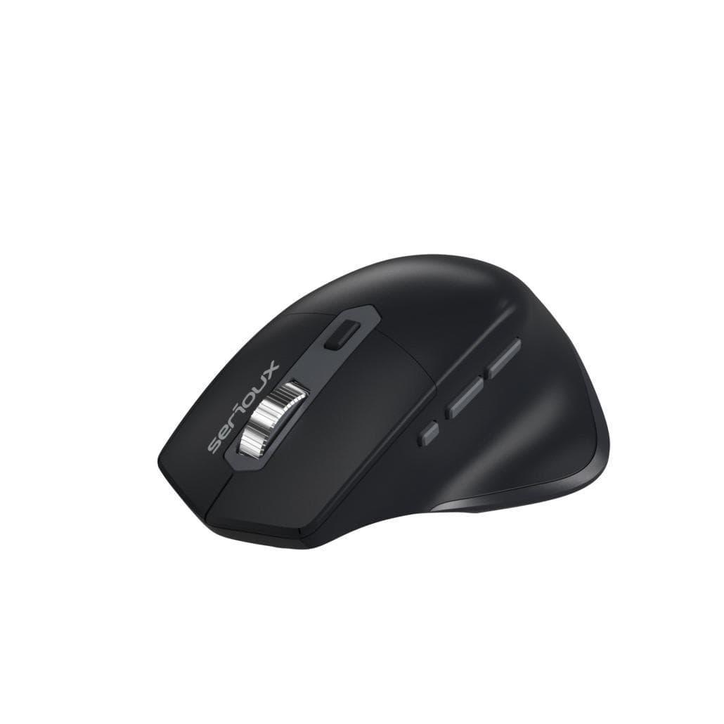 Mouse Serioux Apex 166 Wireless reincarcabil USB-C, Negru, senzor: Optic, DPI: 800/ 1200/1600/ 2400, conexiune: Dongle USB 2,4 GHz, banda de frecventa: 2,4 GHz, click silentios, design ergonomic, baterie integrată litiu de 500 mAh, cerințe OS: Win, Mac, Vista