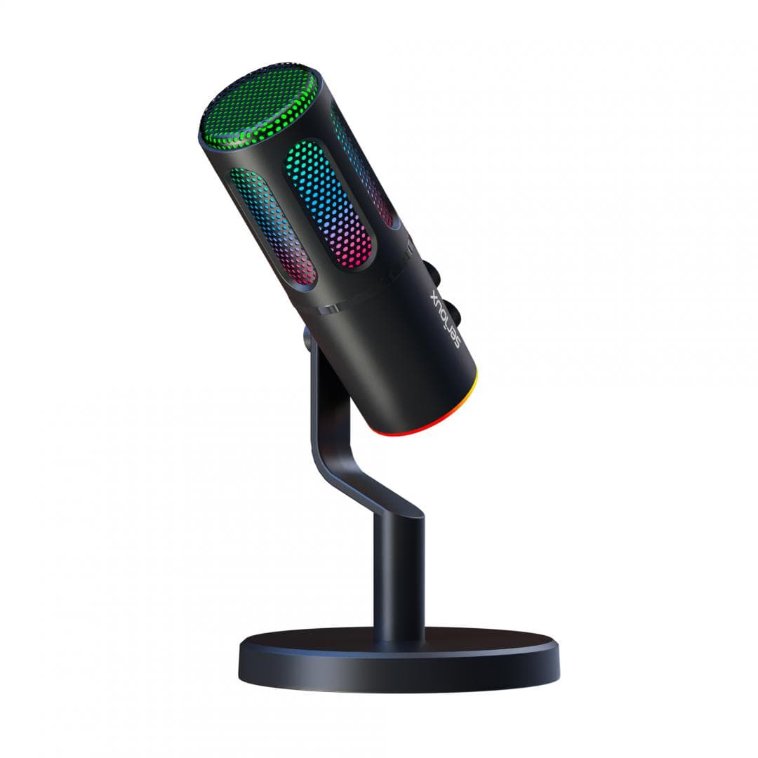 Microfon Gaming de birou Serioux SU8, condenser, unidirectional, frecventa raspuns 20-20KHz, sensibilitate maxima -11DBFS la 80 dB SPL, rata de esantionare 48KHz, rata de biti 16/24bit, raport semnal zgomot 75dB, interfata 3.5mm si USB-C, putere intrare 5V, 200mA, greutate 325g, iluminare RGB