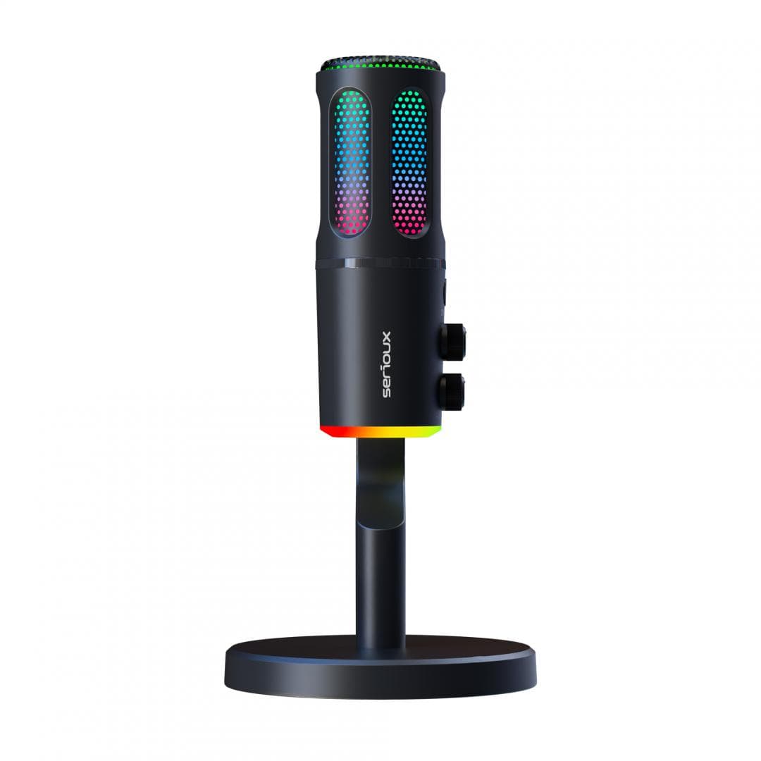 Microfon Gaming de birou Serioux SU8, condenser, unidirectional, frecventa raspuns 20-20KHz, sensibilitate maxima -11DBFS la 80 dB SPL, rata de esantionare 48KHz, rata de biti 16/24bit, raport semnal zgomot 75dB, interfata 3.5mm si USB-C, putere intrare 5V, 200mA, greutate 325g, iluminare RGB