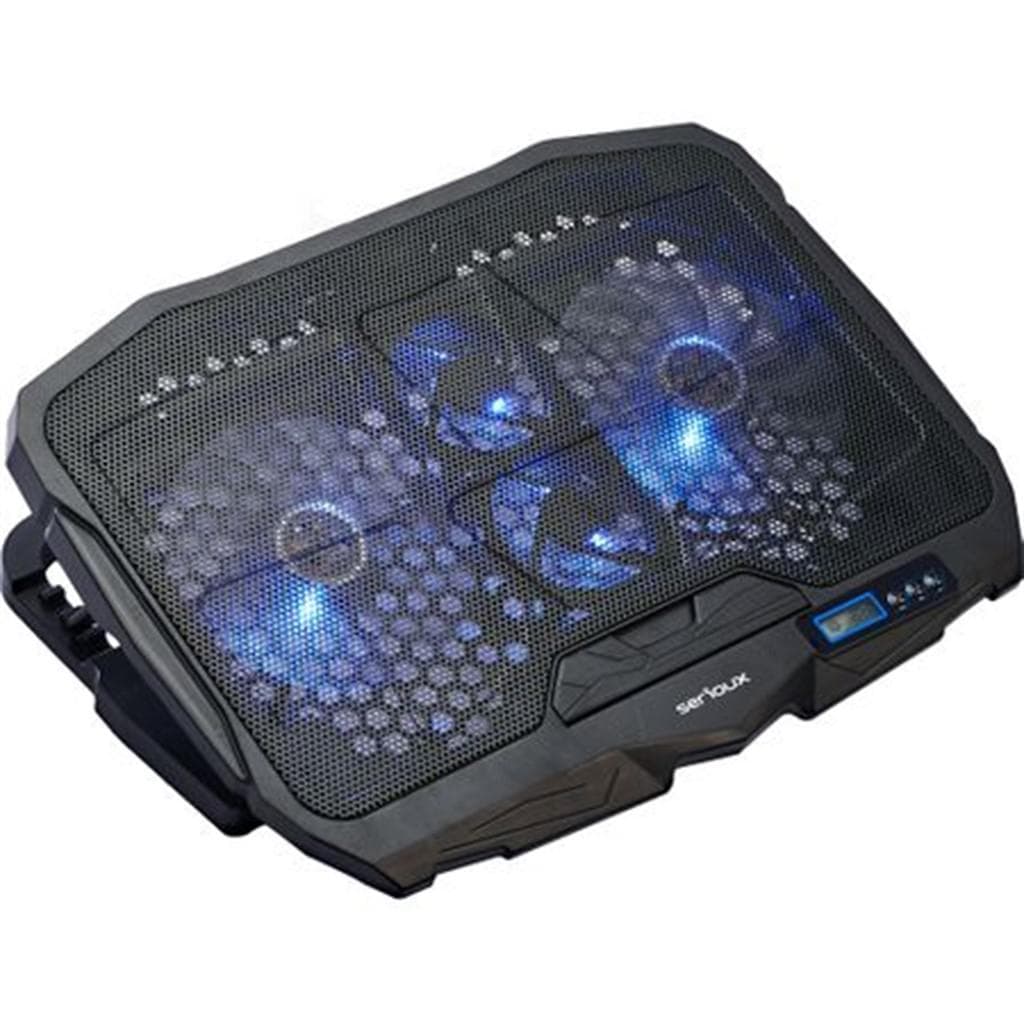 Cooling pad Serioux, SRXNCP025, Dimensiuni: 390*280*28mm, Compatibilitate maxima laptop: 17.3 inch, Numar ventilatoare: 4, Dimensiune ventilator: 2 x 125*125*15mm / 2 x 70*70*15mm, Nivel zgomot: 15-20dB, Flux aer: 56-75CFM, Tensiune alimentare: DC 5V, Viteza rotatie maxima: 1200 RPM, Display LCD, 2
