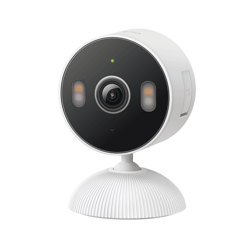 Indoor/Outdoor Home Security Wi-Fi Camera SPEC: 2K (2304x1296), 2.4 GHz FEATURE: Smart Detection and Notifications (motion, people, baby crying), Sound and Light Alarm, Remote Control, Two-Way Audio, Voice Control (Works with Google Assistant, Alexa, and Samsung SmartThings), Local Storage through
