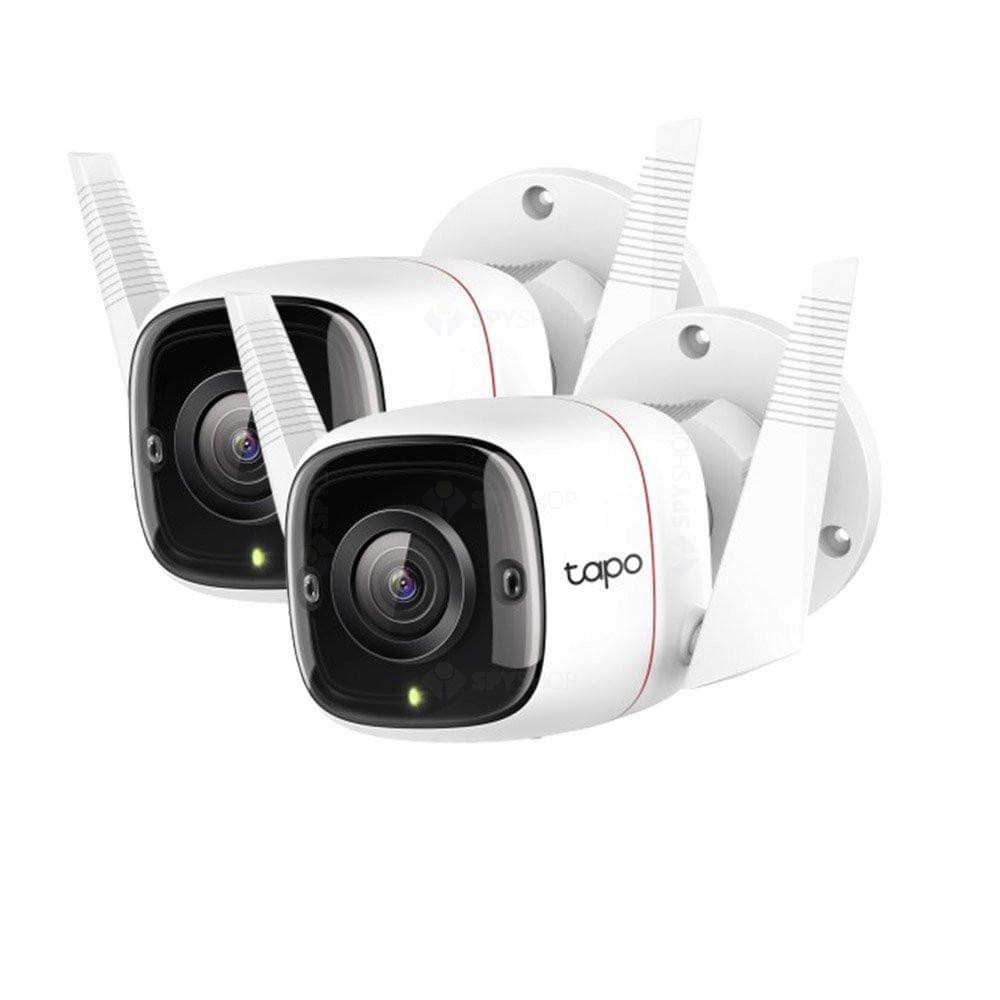 Outdoor Security Wi-Fi Camera, 2-Pack SPEC: 2K (2304x1296), 2.4 GHz, 2T2R, 2 × External Antennas, 1 × Ethernet Port FEATURE: Smart AI Detection and Notifications (motion, people), Sound and Light Alarm, Remote Control, Two-Way Audio, Voice Control (Works with Google Assistant and Alexa), Local