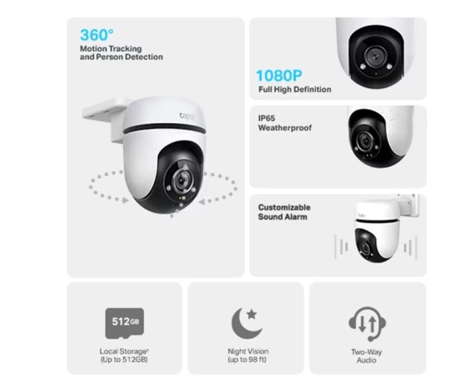Camera Supraveghere WIFI Tp-link, wireless Tapo C500, Senzor 1/3", , REZOLUTIE: 1080p Full HD(1920 x 1080 px), IR 30M, standarde si protocoale: IEEE 802.11b/g/n, 2.4 GHz, raza vizuala 360° pe orizontală și 130° pe vertical, Compresie video: H.264, Frame Rate: 15 fps, Microfon și difuzor incorporate.