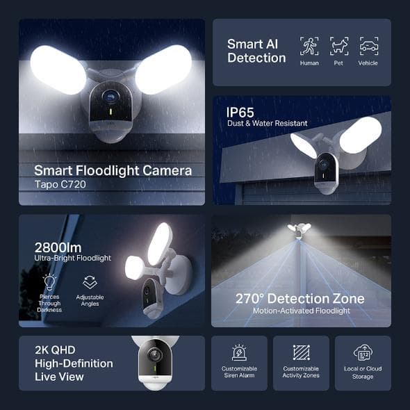 Cameră de supraveghere cu proiectoare TP-LINK TAPO C720, senzor imagine Starlight CMOS cu scanare progresivă 1/3, Apertură: F2.1, 2× proiectoare (Temperatură culoare: 5000K, luminiozitate: 2800 de lumeni), rezolutie maxima 2560 × 1440 px, frame rate 15 fps